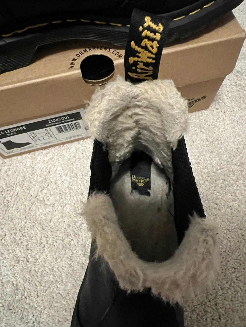Dr. Martens Black Leather Lenore Boots with Shearling Lining & Collar
